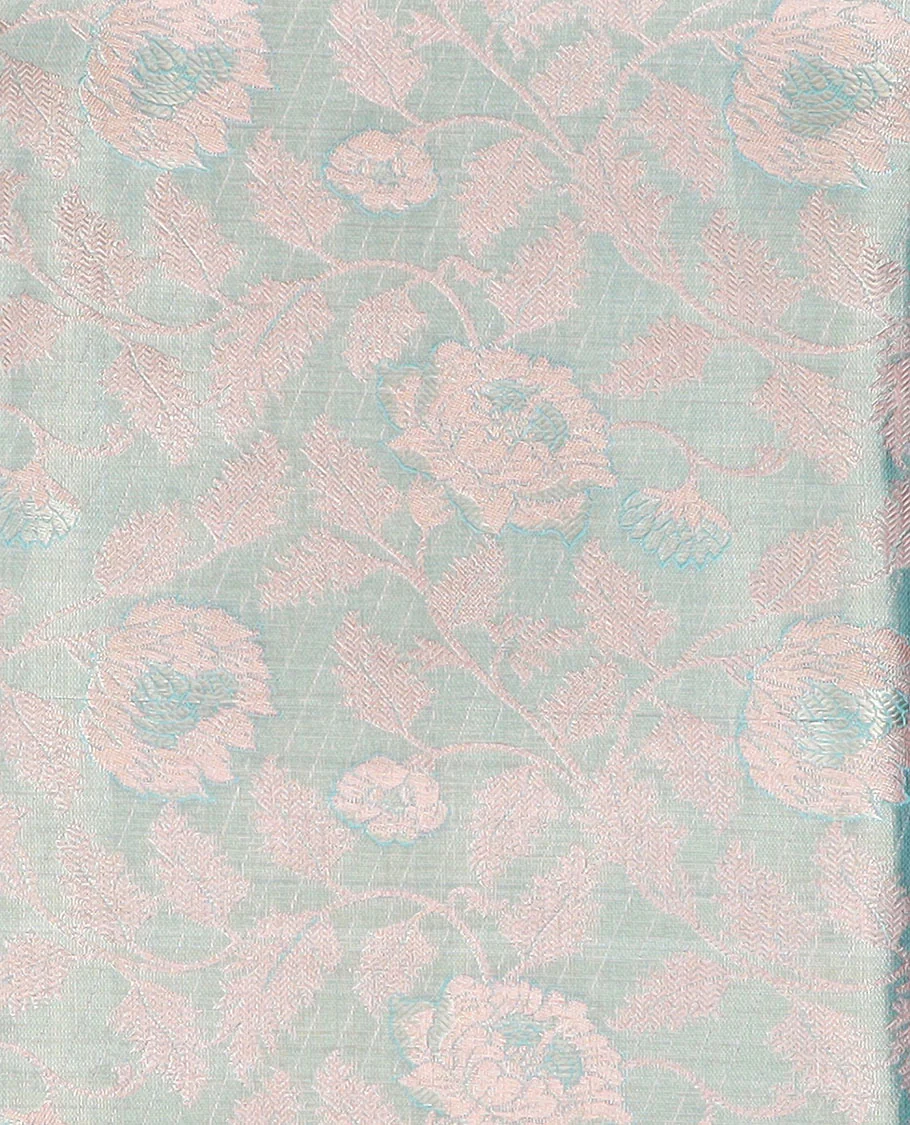 Blue puresilk halfsaree, floral jaal jacquard skirt, contrast blouse, and border of salngai,neli,poun,jaal,manga and jaal, and dhavani of embossed with zari weave - Image 4