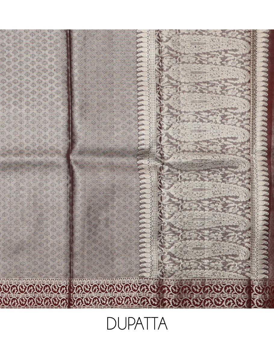 Blue puresilk halfsaree, floral jaal jacquard skirt, contrast blouse, and border of salngai,neli,poun,jaal,manga and jaal, and dhavani of embossed with zari weave - Image 5