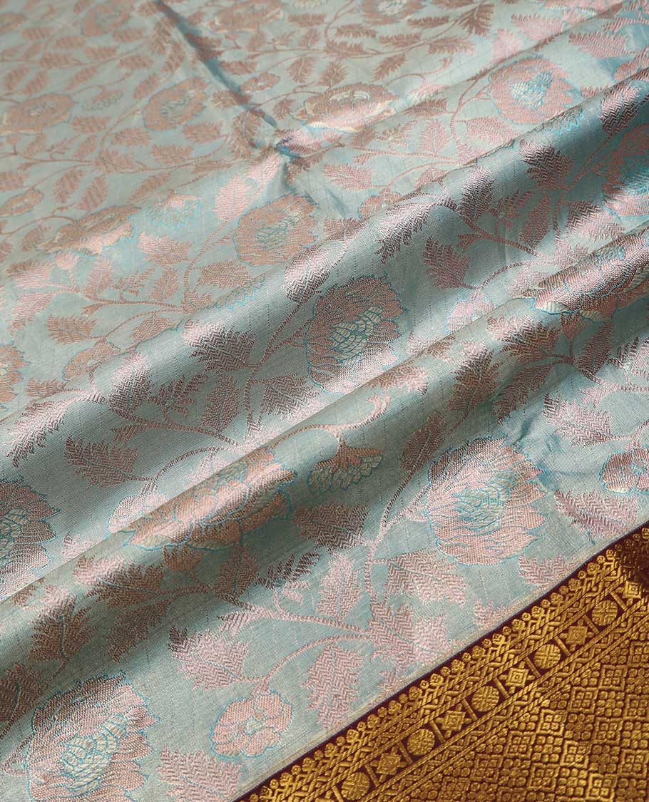 Blue puresilk halfsaree, floral jaal jacquard skirt, contrast blouse, and border of salngai,neli,poun,jaal,manga and jaal, and dhavani of embossed with zari weave - Image 6