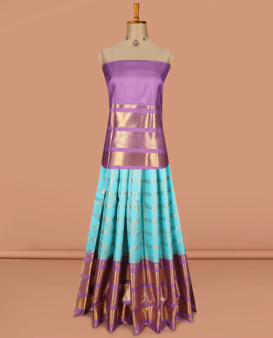 Blue puresilk halfsaree, yaanai and mayil butta enclosed checked skirt, contrast blouse and border of traditional designs in zari, and zari design dhavani - Image 3