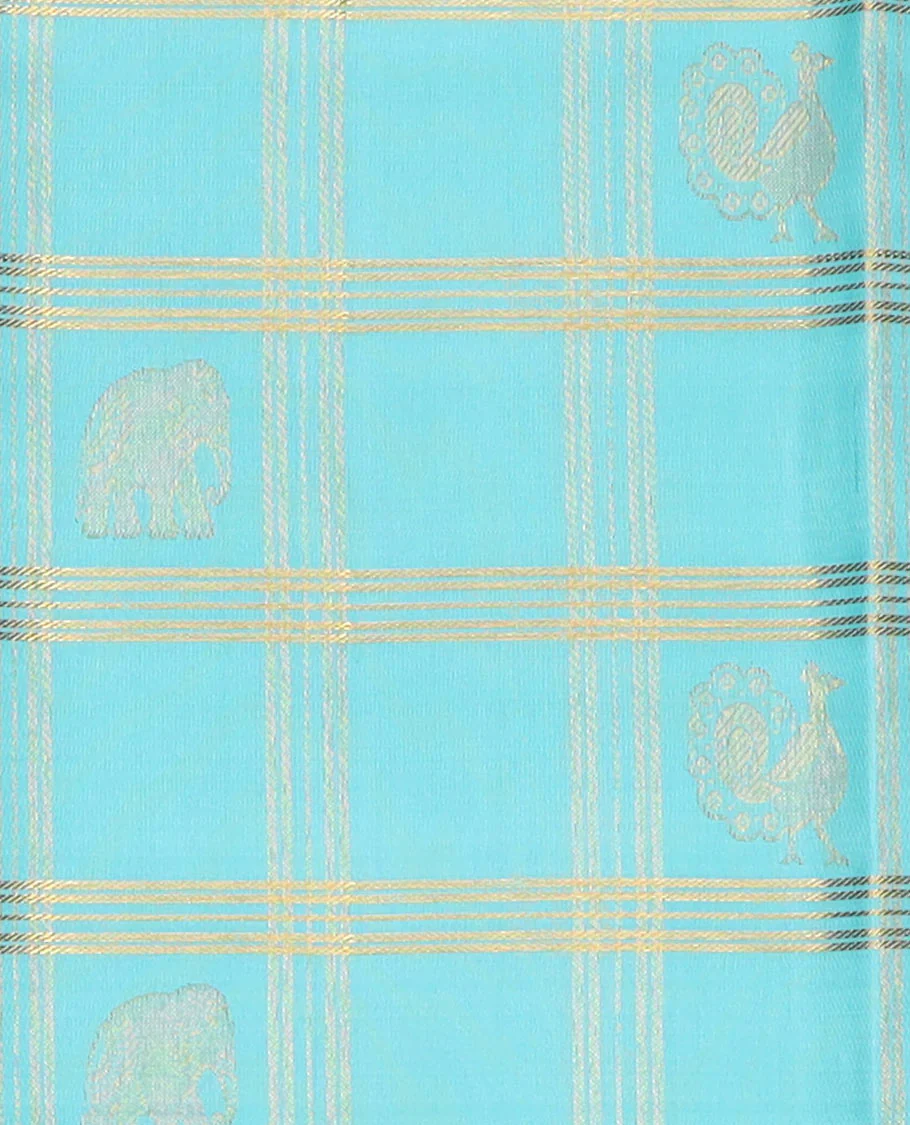 Blue puresilk halfsaree, yaanai and mayil butta enclosed checked skirt, contrast blouse and border of traditional designs in zari, and zari design dhavani - Image 4