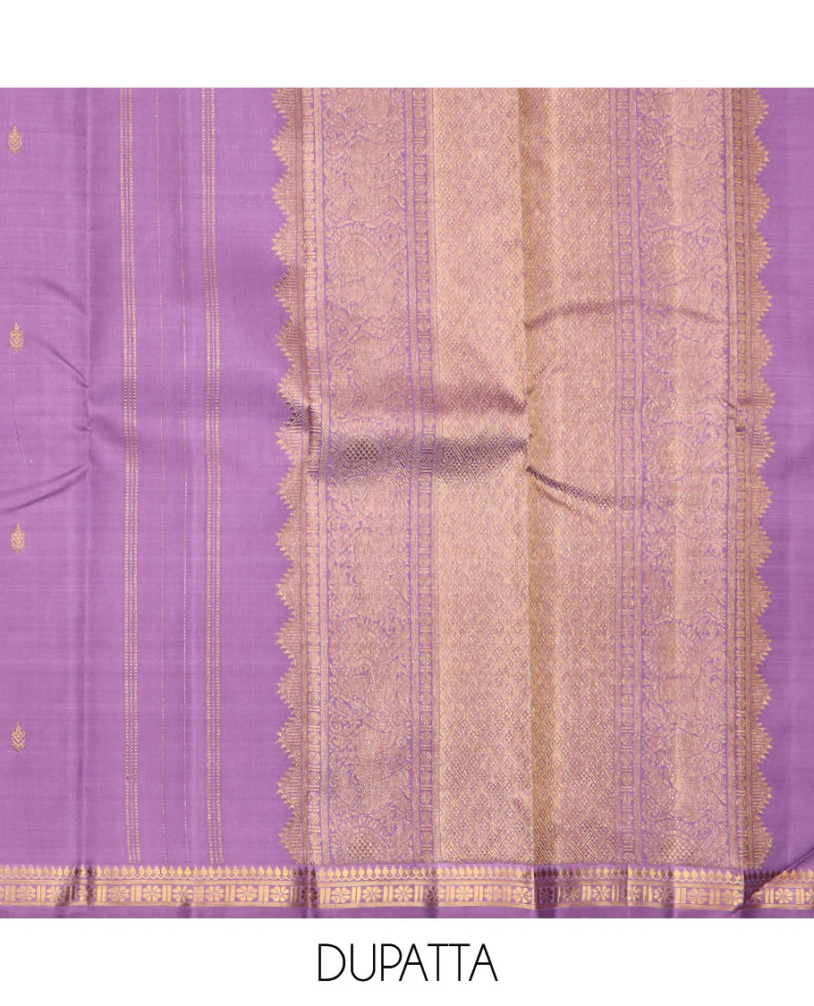 Blue puresilk halfsaree, yaanai and mayil butta enclosed checked skirt, contrast blouse and border of traditional designs in zari, and zari design dhavani - Image 5