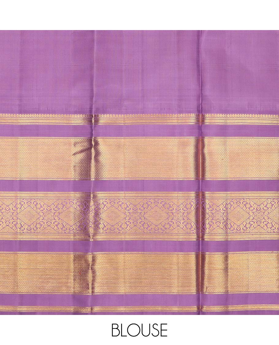 Blue puresilk halfsaree, yaanai and mayil butta enclosed checked skirt, contrast blouse and border of traditional designs in zari, and zari design dhavani - Image 7