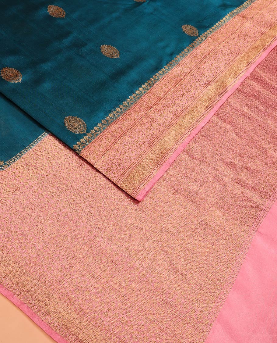 Blue Raw Mango Silk Saree Graced with Buttas, Complemented by a Contrast Traditional Zari-Designed Border, Featuring a Zari-Elevated Pallu, Paired with a Contrast Zari-Striped Blouse - Image 2