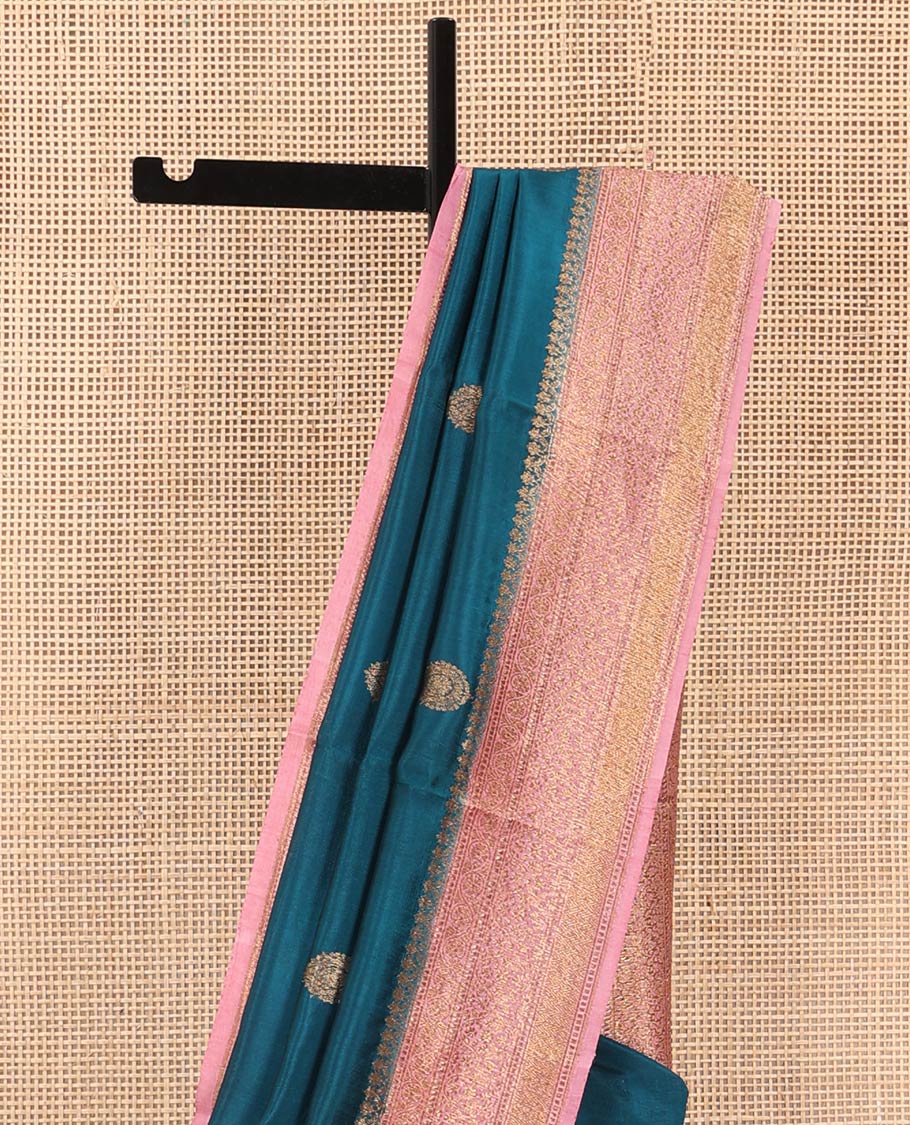 Blue Raw Mango Silk Saree Graced with Buttas, Complemented by a Contrast Traditional Zari-Designed Border, Featuring a Zari-Elevated Pallu, Paired with a Contrast Zari-Striped Blouse - Image 3