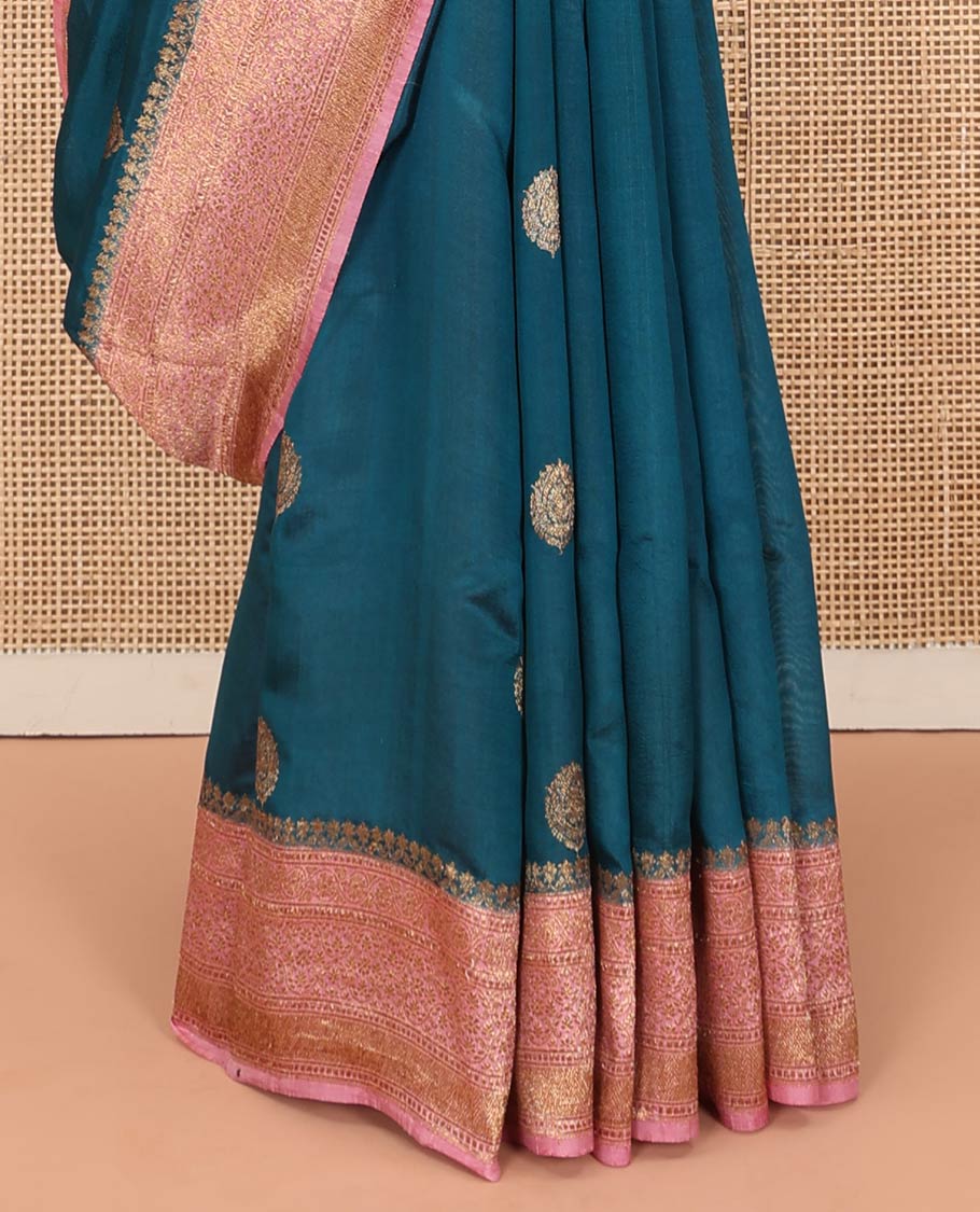 Blue Raw Mango Silk Saree Graced with Buttas, Complemented by a Contrast Traditional Zari-Designed Border, Featuring a Zari-Elevated Pallu, Paired with a Contrast Zari-Striped Blouse - Image 4