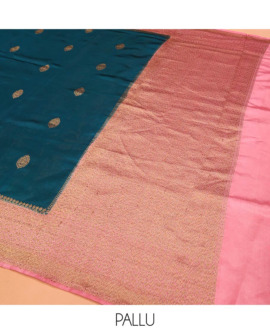 Blue Raw Mango Silk Saree Graced with Buttas, Complemented by a Contrast Traditional Zari-Designed Border, Featuring a Zari-Elevated Pallu, Paired with a Contrast Zari-Striped Blouse - Image 5