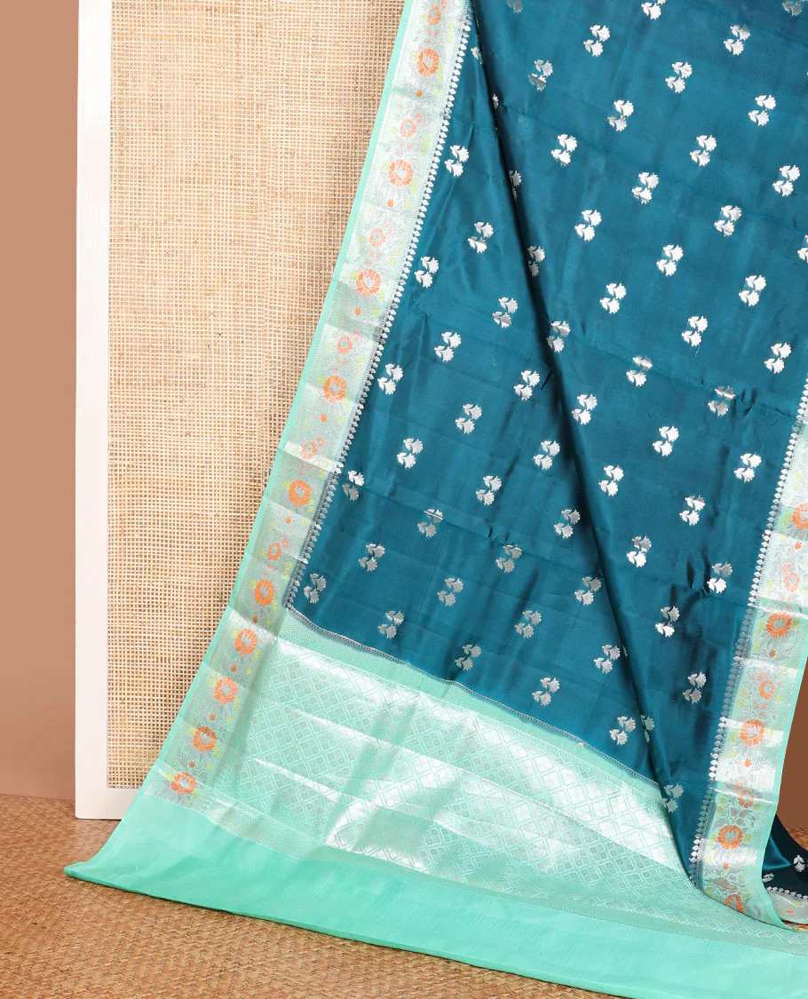 Blue raw mango silk saree with floral zari buttas, contrast border of meenakari zari floral designs & jaal pallu - Image 3