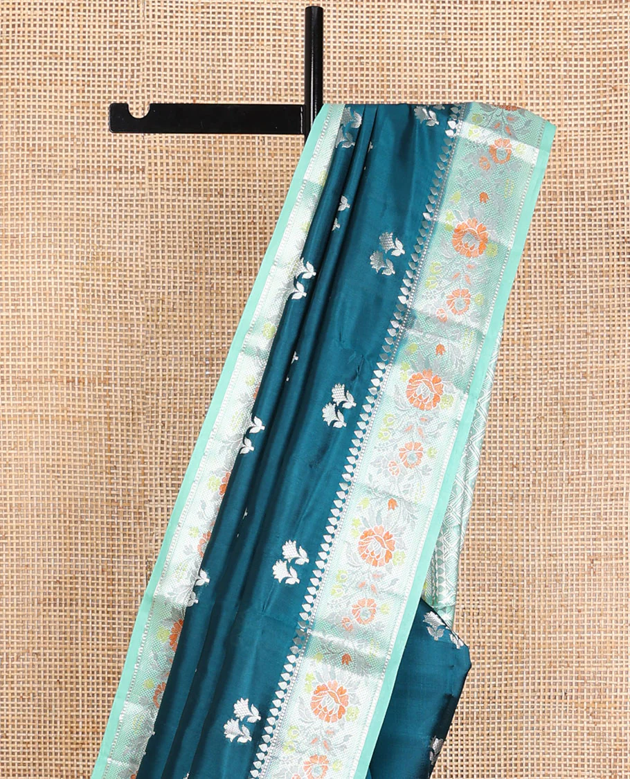 Blue raw mango silk saree with floral zari buttas, contrast border of meenakari zari floral designs & jaal pallu - Image 4