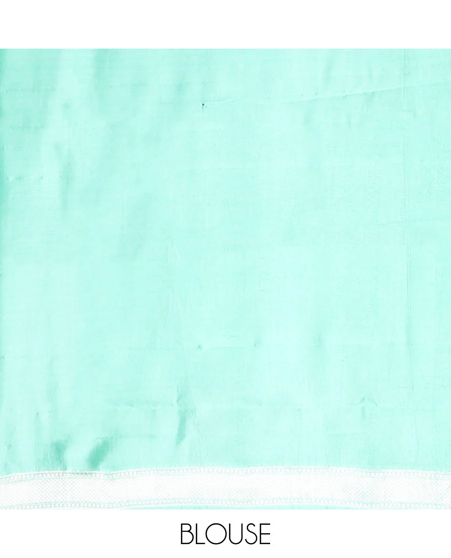 Blue raw mango silk saree with floral zari buttas, contrast border of meenakari zari floral designs & jaal pallu - Image 5