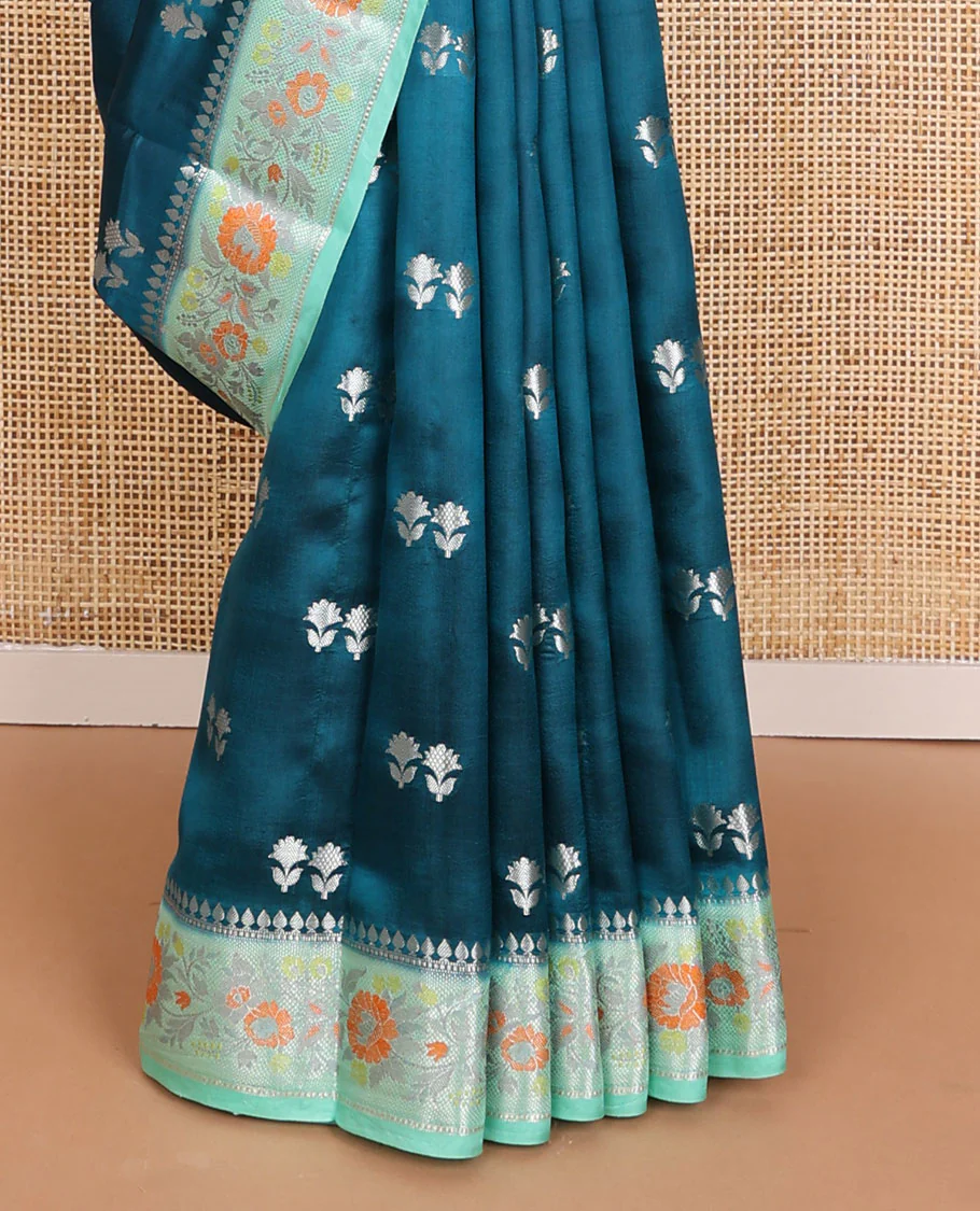 Blue raw mango silk saree with floral zari buttas, contrast border of meenakari zari floral designs & jaal pallu - Image 6