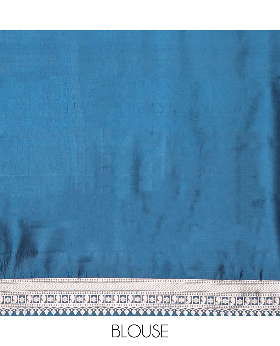 Blue raw mango silk saree with swan & flower buttas, traditional zari border & floral design pallu - Image 6