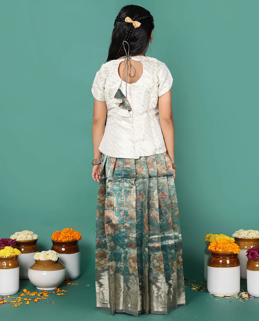 Blue readymade art silk pavadai, floral print & zari border skirt & jacquard embroidered round neck half-sleeve blouse - Image 5