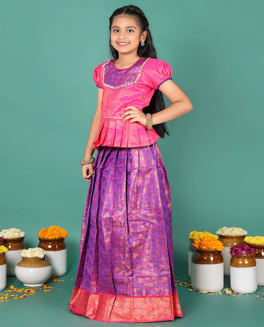 Blue readymade art silk pavadai, jacquard, and contrast zari border skirt, and contrast jacquard embroidered puff-sleeve blouse - Image 4
