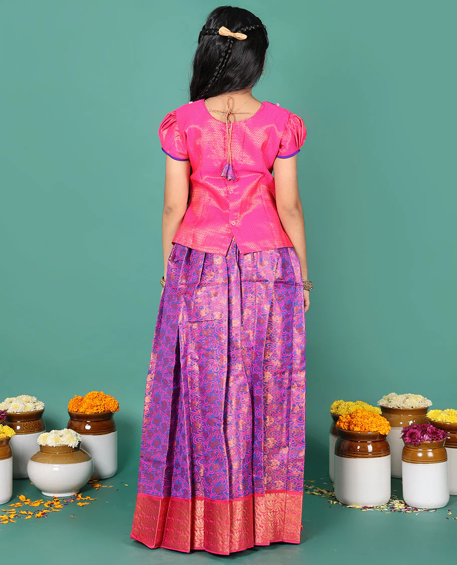 Blue readymade art silk pavadai, jacquard, and contrast zari border skirt, and contrast jacquard embroidered puff-sleeve blouse - Image 5