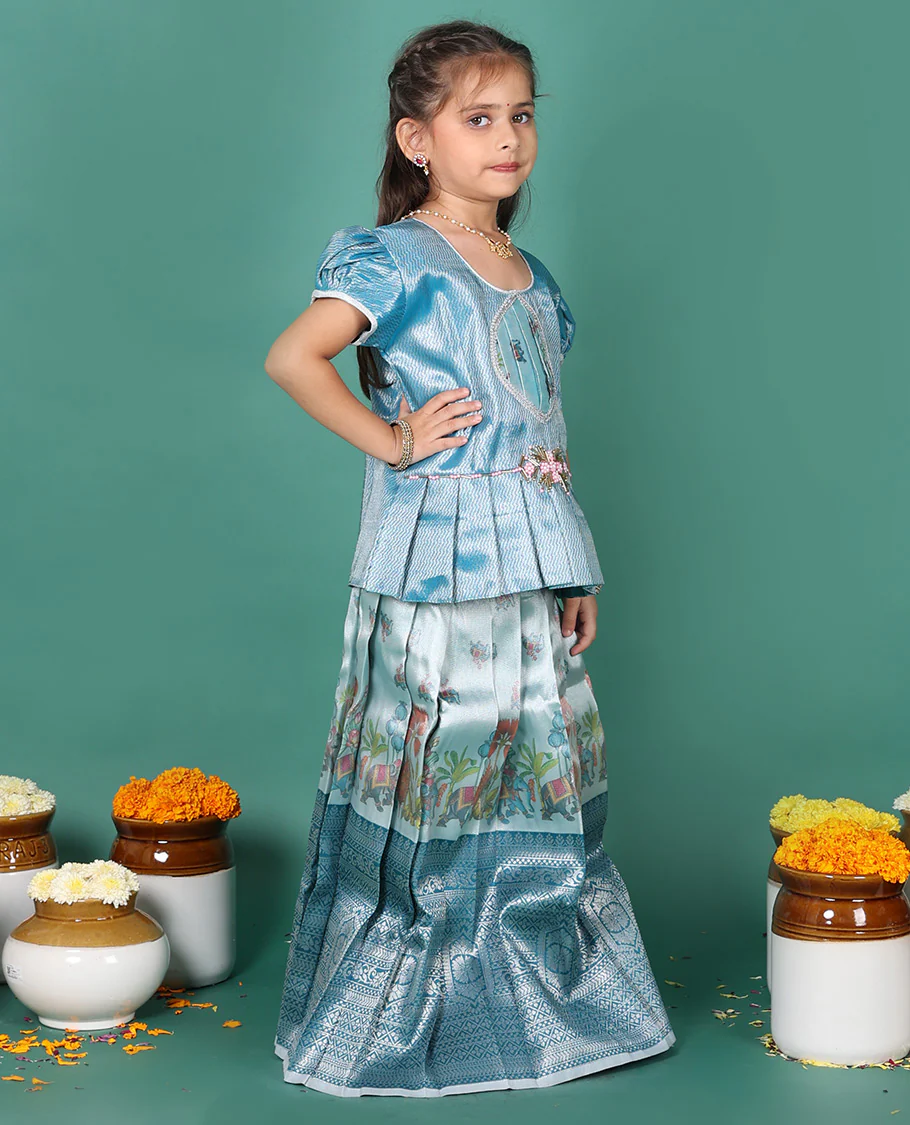 Blue readymade art silk pavadai, printed & contrast traditional border skirt, & jacquard puff-sleeve round-neck blouse - Image 2