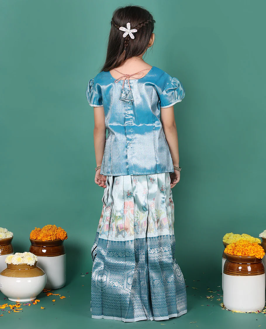 Blue readymade art silk pavadai, printed & contrast traditional border skirt, & jacquard puff-sleeve round-neck blouse - Image 5