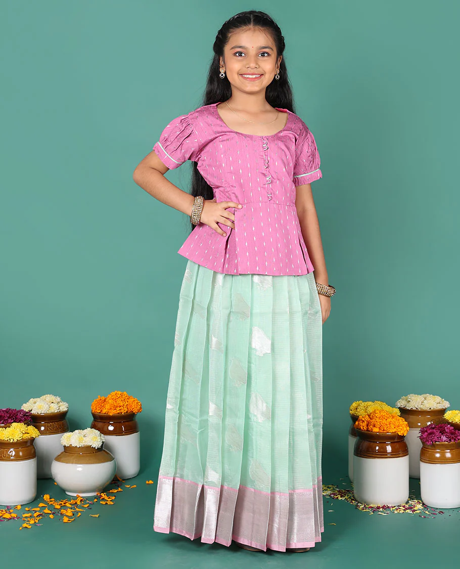 Blue readymade art silk pavadai, sparrow buttas & contrast traditional border skirt, & contrast buttas round neck puff-sleeve blouse