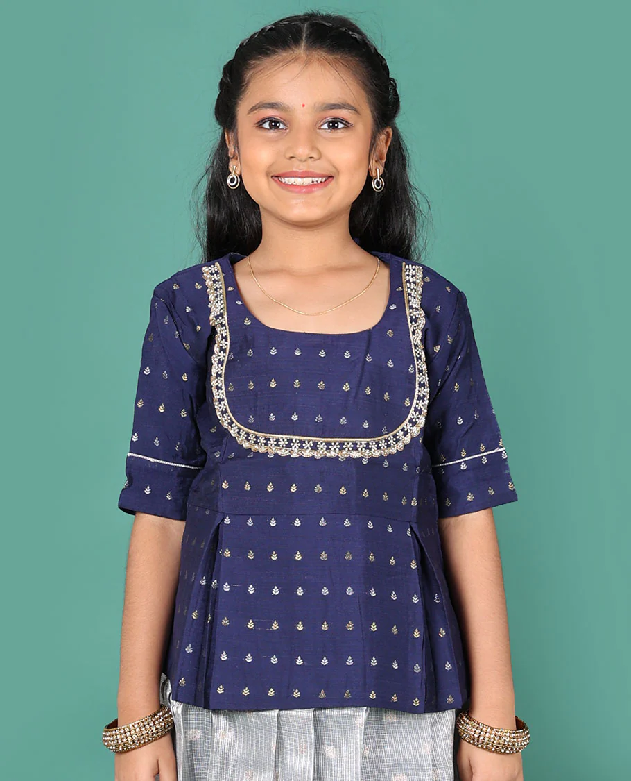 Blue readymade art silk pavadai, zari buttas & contrast traditional zari big border skirt & zari buttas elbow sleeve round-neck blouse - Image 2