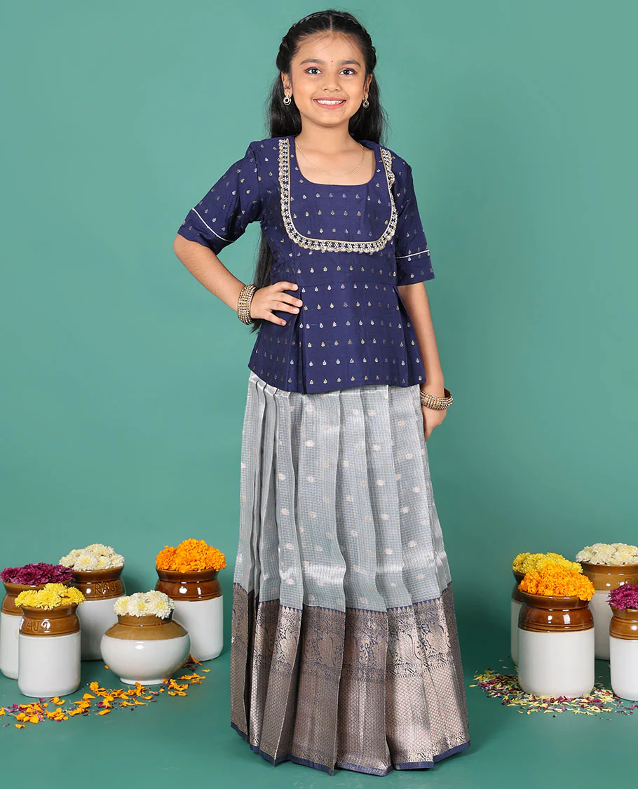 Blue readymade art silk pavadai, zari buttas & contrast traditional zari big border skirt & zari buttas elbow sleeve round-neck blouse - Image 3