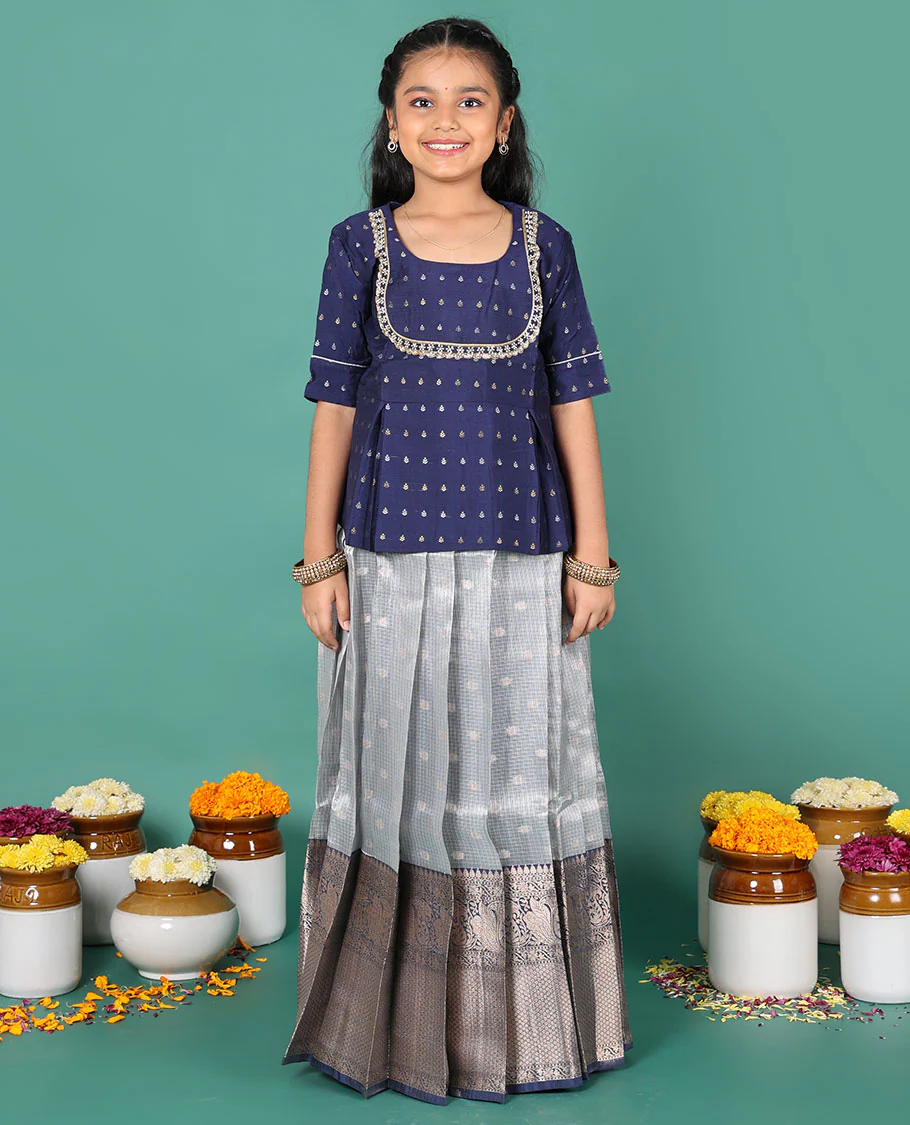 Blue readymade art silk pavadai, zari buttas & contrast traditional zari big border skirt & zari buttas elbow sleeve round-neck blouse - Image 4