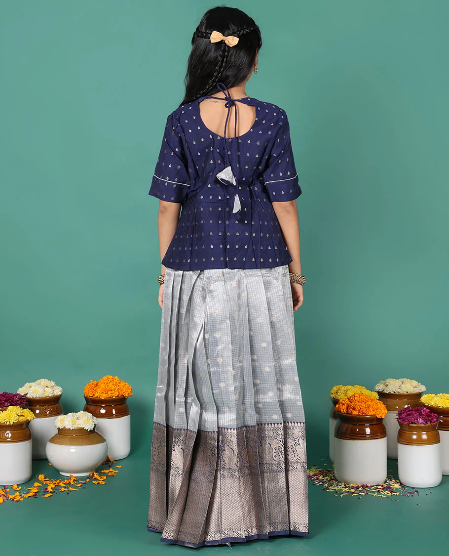 Blue readymade art silk pavadai, zari buttas & contrast traditional zari big border skirt & zari buttas elbow sleeve round-neck blouse - Image 5