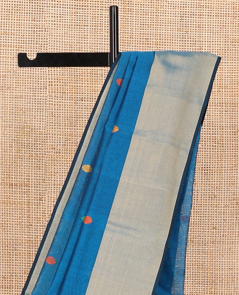 Blue round motifs maheshwari cotton saree with contrast zari border & round motifs, striped pallu - Image 3