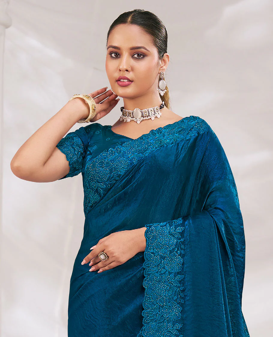 Blue Sapphire Plain Designer Saree Beautified with Floral Embroidered Borders All Over the Edges, Paired with Embroidery Work Blouse - Image 2