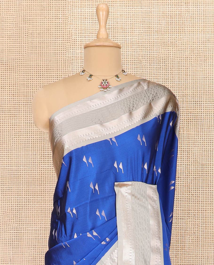 Blue Semi-Soft Silk Saree Gracefully Embellished with Zari Buttas, Complemented by Contrast Traditional Zari Border, Zari Elevated with Pallu of Jaal Designs, and Paired with a Contrast Blouse - Image 2