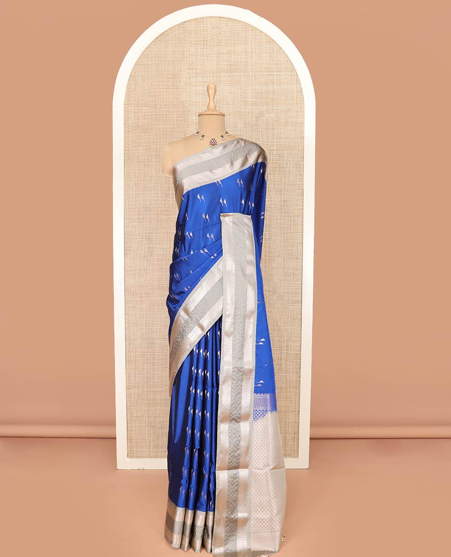 Blue Semi-Soft Silk Saree Gracefully Embellished with Zari Buttas, Complemented by Contrast Traditional Zari Border, Zari Elevated with Pallu of Jaal Designs, and Paired with a Contrast Blouse - Image 3