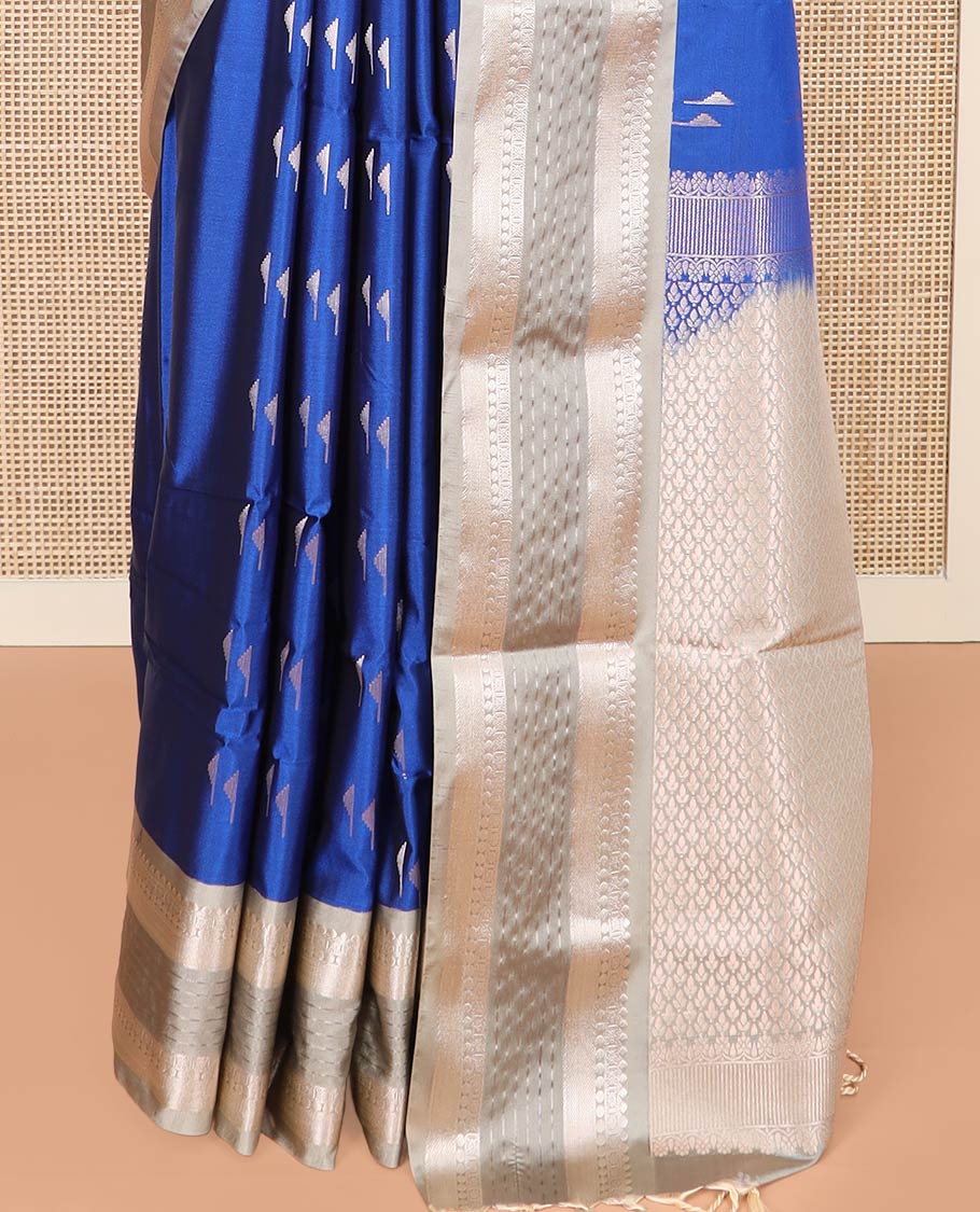 Blue Semi-Soft Silk Saree Gracefully Embellished with Zari Buttas, Complemented by Contrast Traditional Zari Border, Zari Elevated with Pallu of Jaal Designs, and Paired with a Contrast Blouse - Image 4