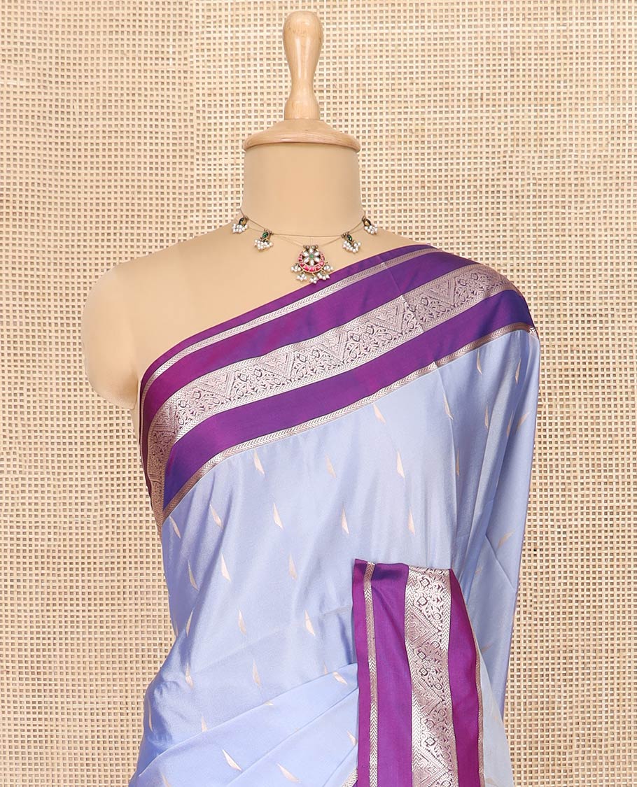 Blue Semi-Soft Silk Saree Opulently Embellished with Zari Buttas Woven Across Its Body, Complemented by a Contrast Varisai Pettu Traditional Zari Border, Richly Detailed Pallu of Jaal Designs, and Paired with a Contrast Blouse - Image 2