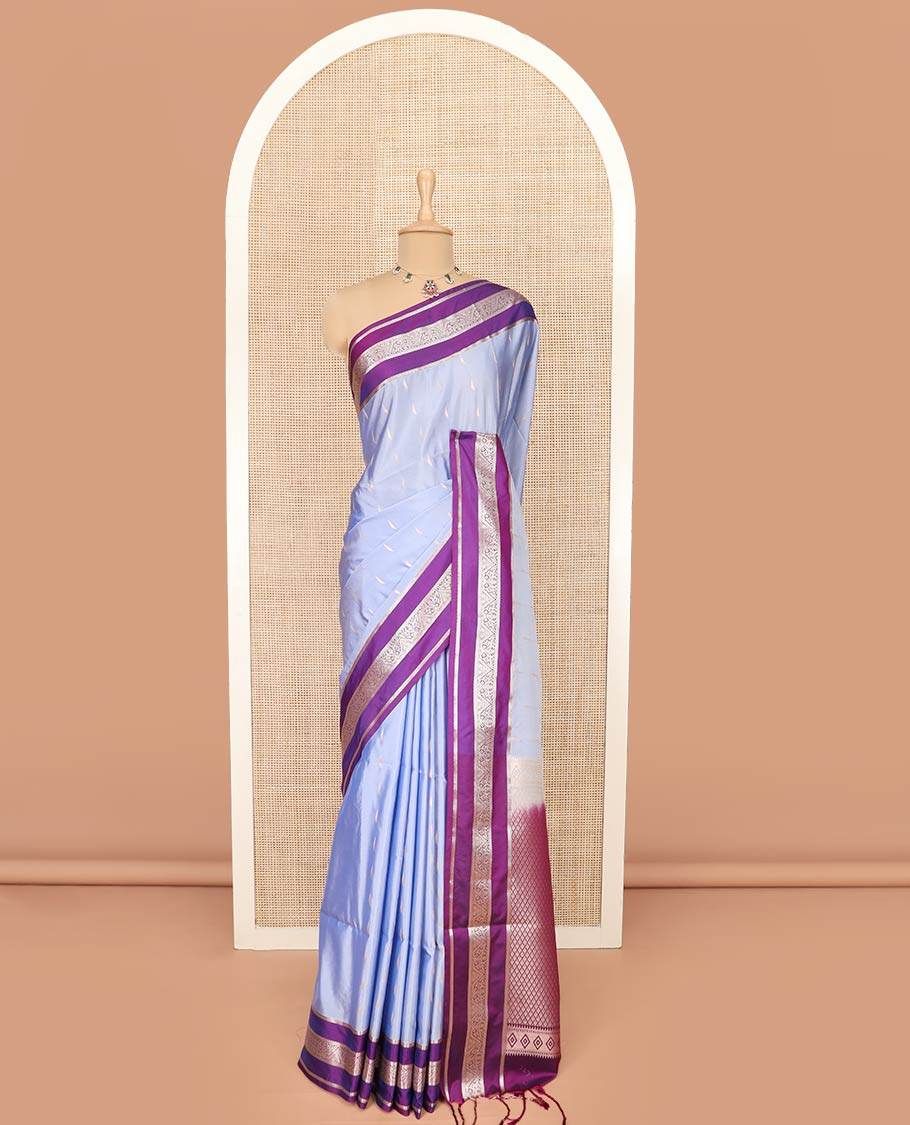 Blue Semi-Soft Silk Saree Opulently Embellished with Zari Buttas Woven Across Its Body, Complemented by a Contrast Varisai Pettu Traditional Zari Border, Richly Detailed Pallu of Jaal Designs, and Paired with a Contrast Blouse - Image 3