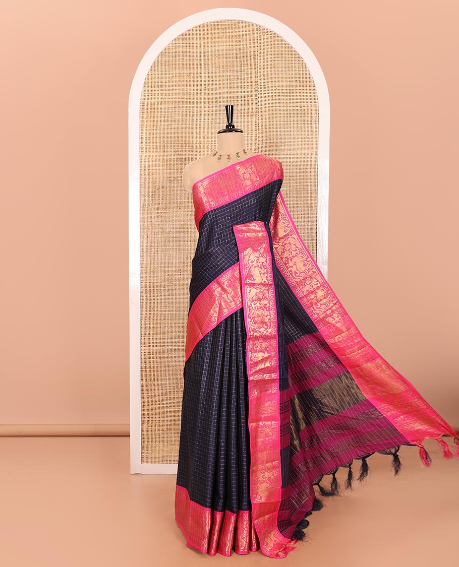 Blue Semi-Taffeta Saree Highlighted with Medium-Sized Zari Checks, Complemented with a Contrast Border Featuring Floral and Deer Motifs in Zari, Pallu of Stripes, and Paired with a Contrast Blouse