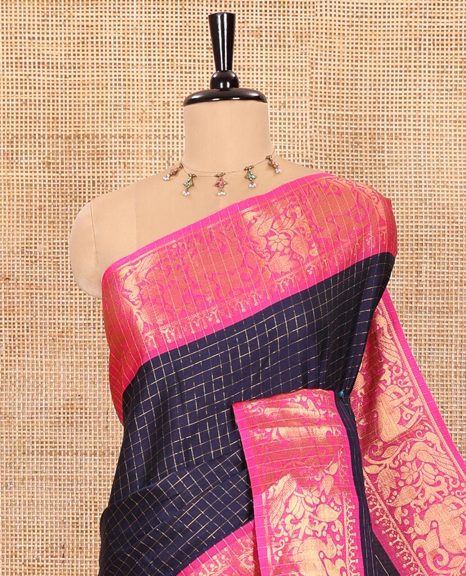 Blue Semi-Taffeta Saree Highlighted with Medium-Sized Zari Checks, Complemented with a Contrast Border Featuring Floral and Deer Motifs in Zari, Pallu of Stripes, and Paired with a Contrast Blouse - Image 2