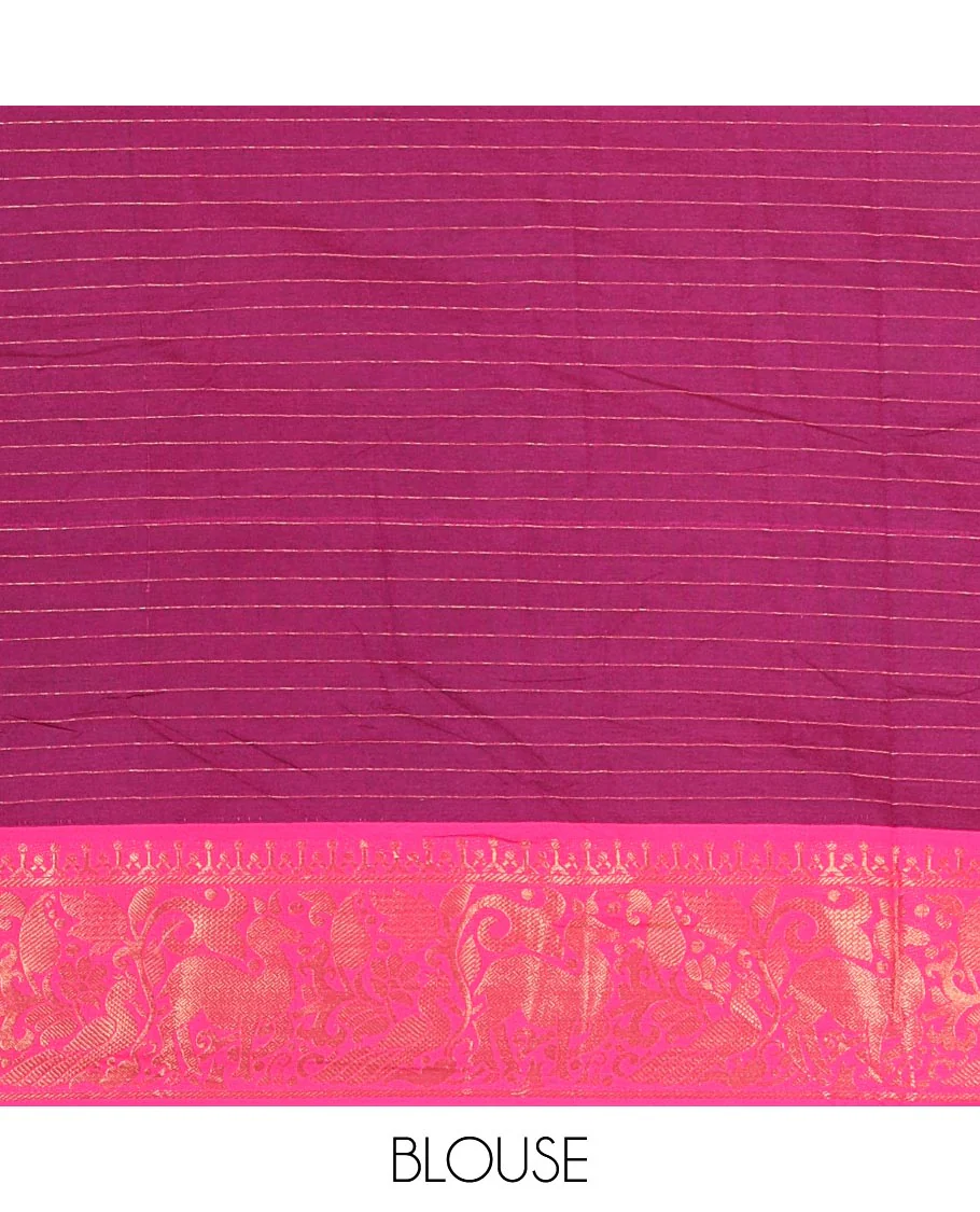 Blue Semi-Taffeta Saree Highlighted with Medium-Sized Zari Checks, Complemented with a Contrast Border Featuring Floral and Deer Motifs in Zari, Pallu of Stripes, and Paired with a Contrast Blouse - Image 3