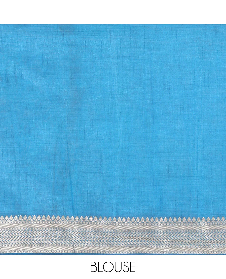 Blue Semi-Tussar Saree Accentuated with Zig-Zag Strips Prints, Featuring a Self-border with Traditional Motifs, a Zari-Striped Pallu, Paired with a Matching Blouse - Image 3