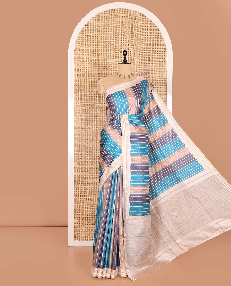 Blue Semi-Tussar Saree Colorfully Printed with Zig-Zag Stripes, Subtly Woven with a Resham Thread Temple Border, Featuring a Heathered Pallu, Paired with a Contrast Striped Blouse - Image 5