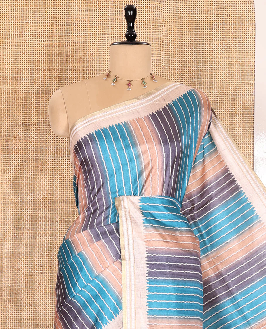 Blue Semi-Tussar Saree Colorfully Printed with Zig-Zag Stripes, Subtly Woven with a Resham Thread Temple Border, Featuring a Heathered Pallu, Paired with a Contrast Striped Blouse - Image 6
