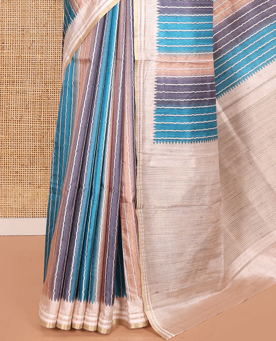 Blue Semi-Tussar Saree Colorfully Printed with Zig-Zag Stripes, Subtly Woven with a Resham Thread Temple Border, Featuring a Heathered Pallu, Paired with a Contrast Striped Blouse - Image 7