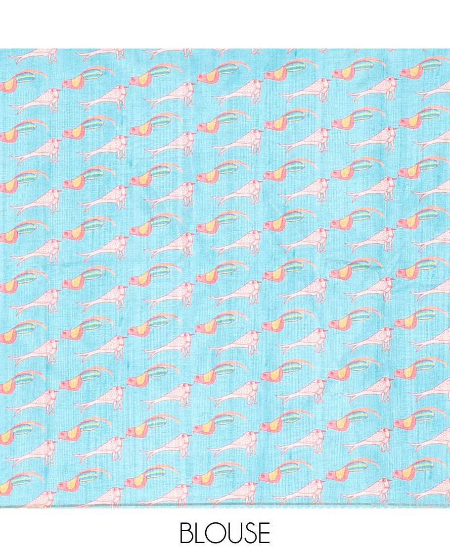 Blue Semi-Tussar Saree Colorfully Printed with Zig-Zag Stripes, Subtly Woven with a Resham Thread Temple Border, Featuring a Heathered Pallu, Paired with a Contrast Striped Blouse - Image 8