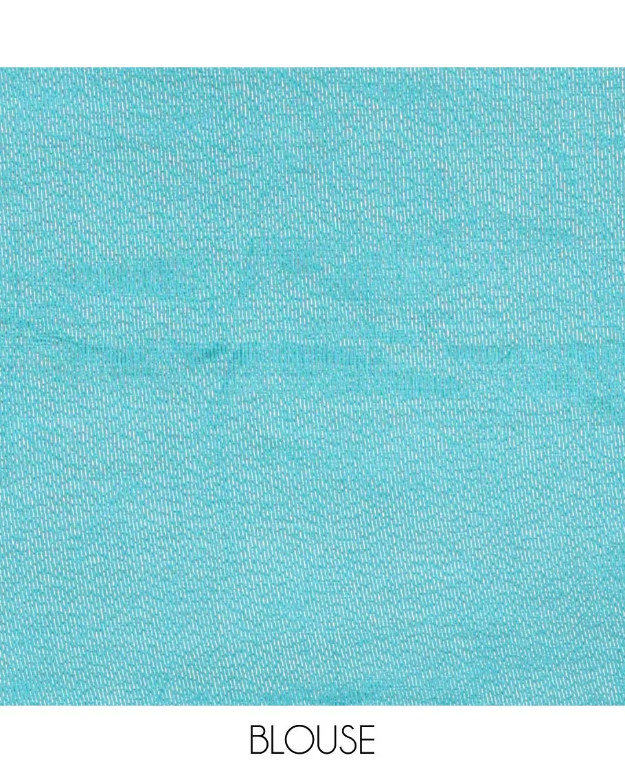Blue Semi-Tussar Saree Decked Up with Zari Horizontal Stripes and Thread Floral Designs, Featuring a Subtly Woven Temple Zari Border, a Striped Pallu, and a Matching Blouse - Image 3