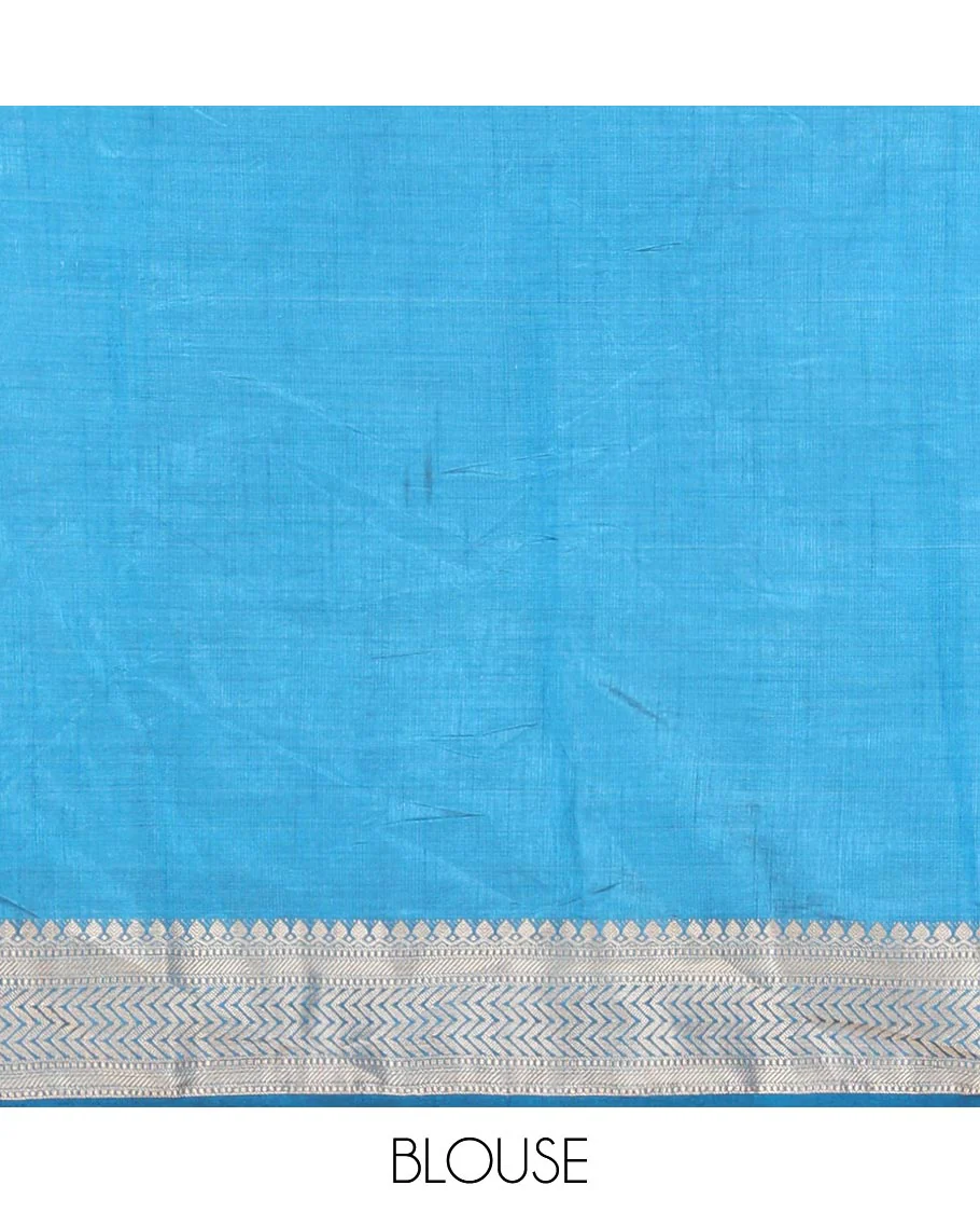 Blue Semi-Tussar Saree Meticulously Crafted with Floral-Enclosed Diamond Patterns Printed Across the Body, Featuring a Subtly Woven Border with Traditional Zari Designs, and a Pallu Elevated with Zari Stripes, Paired with a Matching Blouse - Image 3