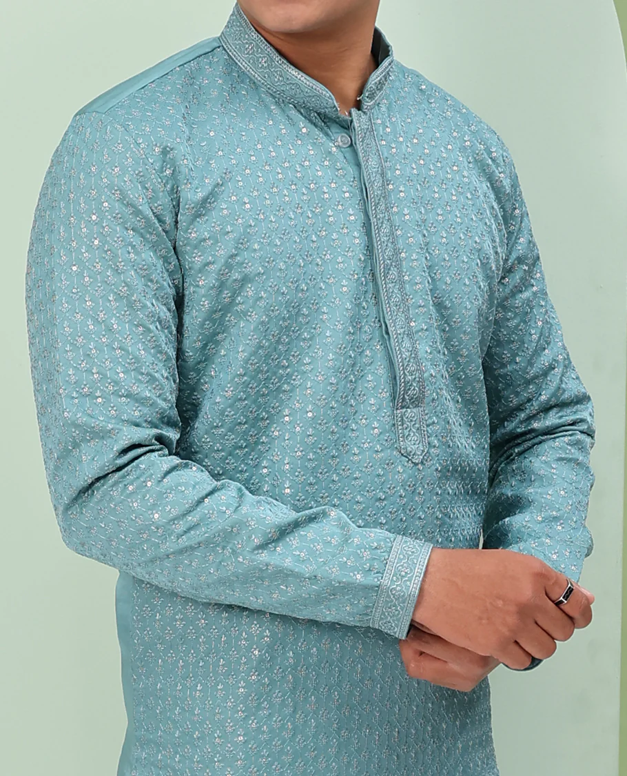 Blue sequins and thread jaal design embroidered full-sleeved readymade kurta - Image 3