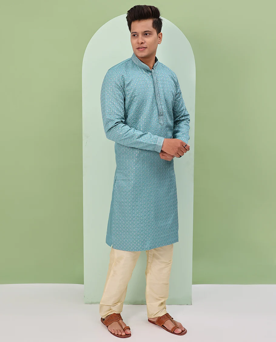 Blue sequins and thread jaal design embroidered full-sleeved readymade kurta - Image 4