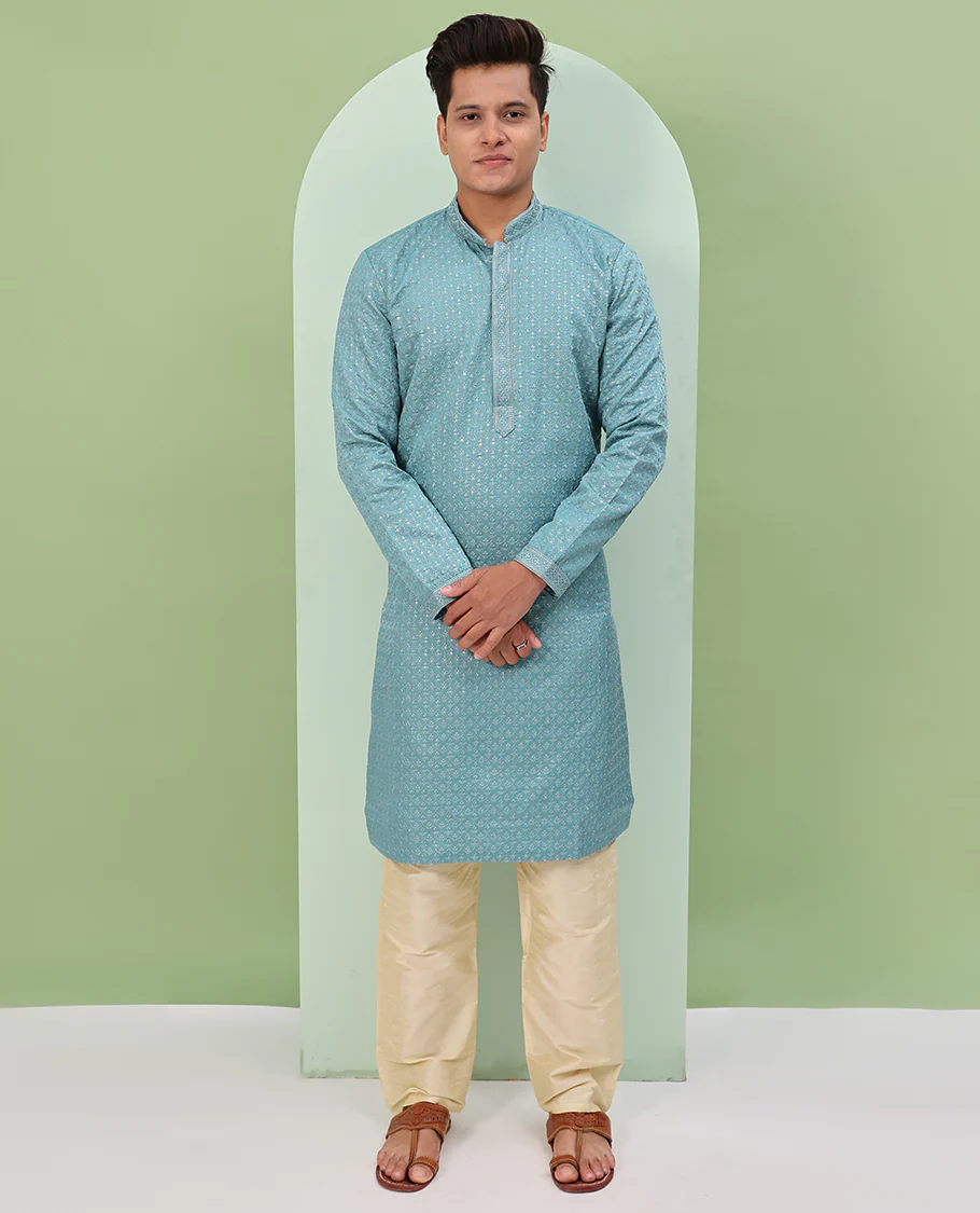 Blue sequins and thread jaal design embroidered full-sleeved readymade kurta - Image 5