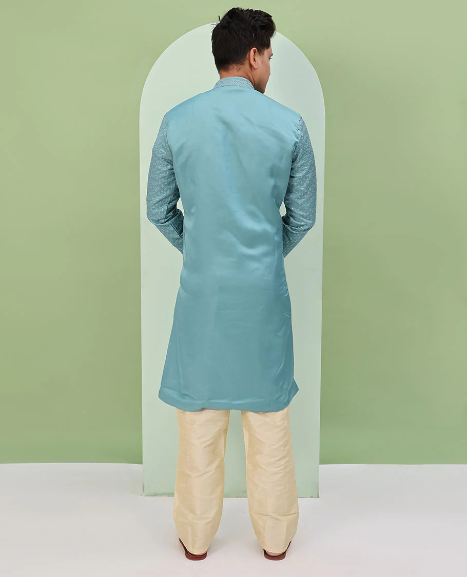Blue sequins and thread jaal design embroidered full-sleeved readymade kurta - Image 6