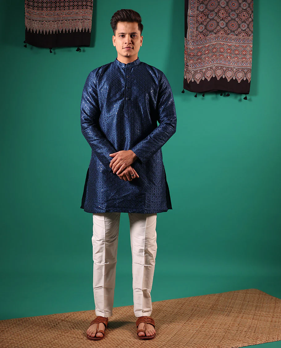 Blue sequins embroidered full-sleeved men's kurta - Image 2