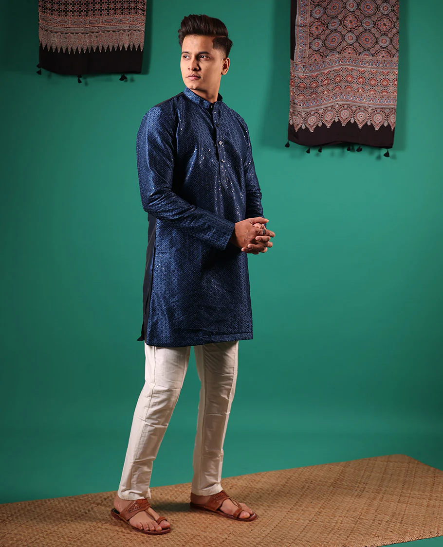Blue sequins embroidered full-sleeved men's kurta - Image 3