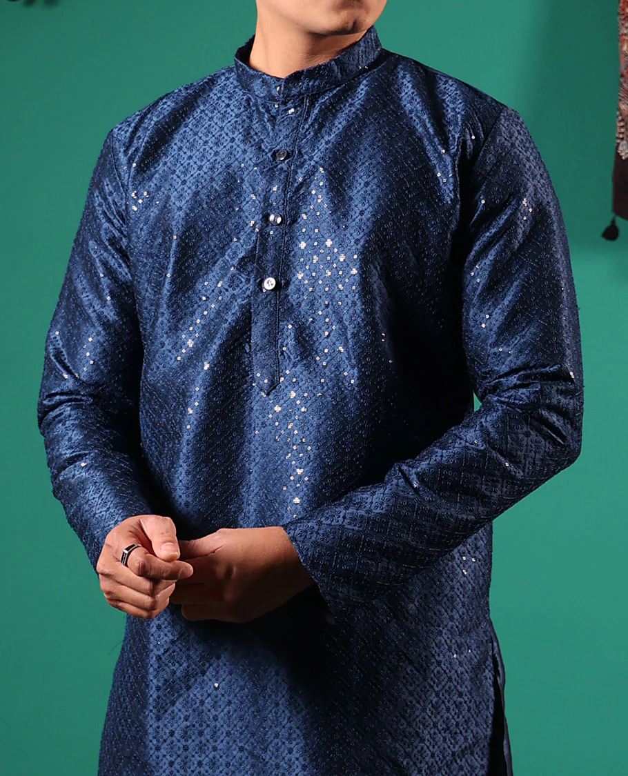 Blue sequins embroidered full-sleeved men's kurta - Image 4